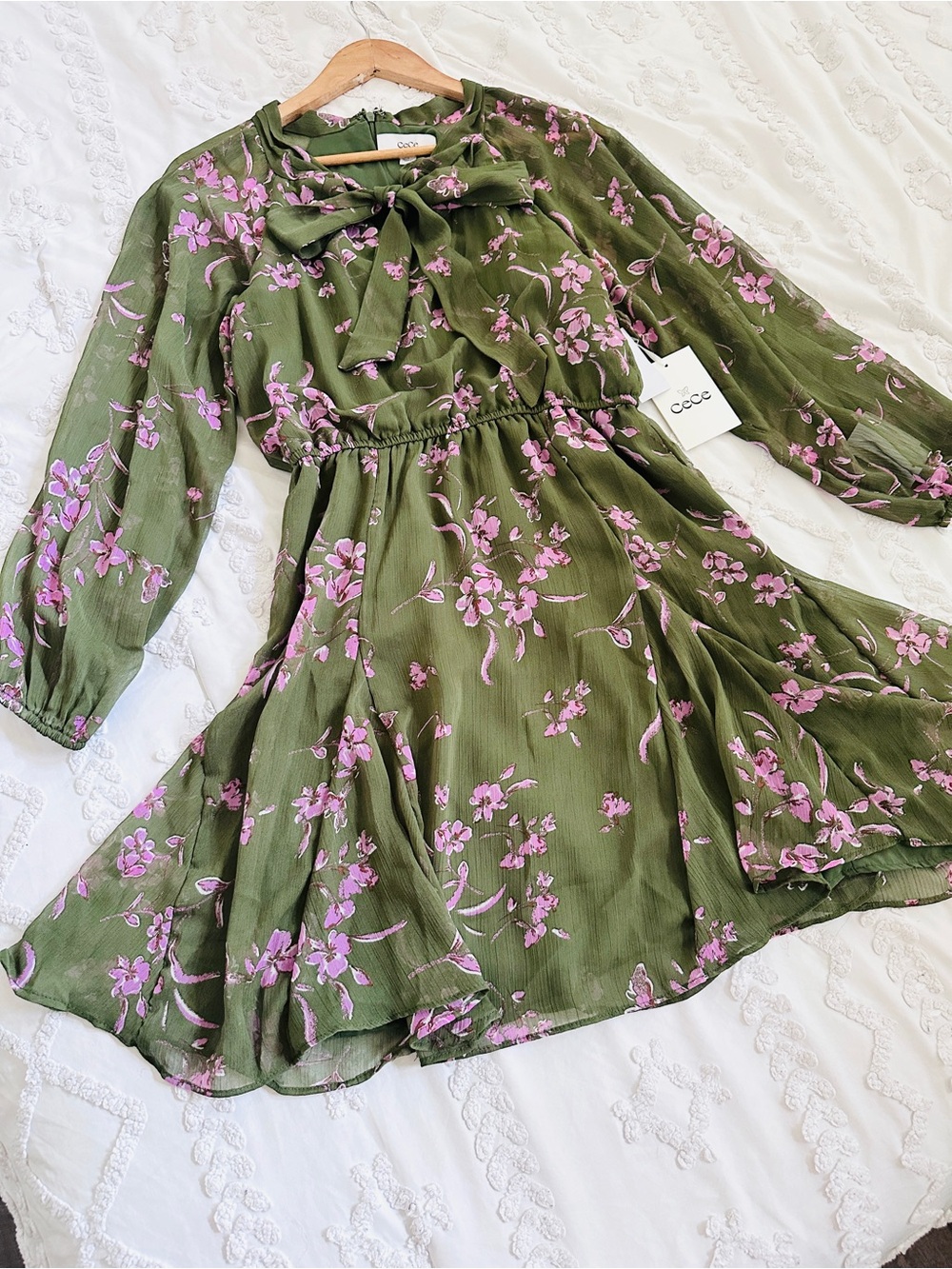 CeCe Olive Green Mini Dress with Pink Floral Bow Neck